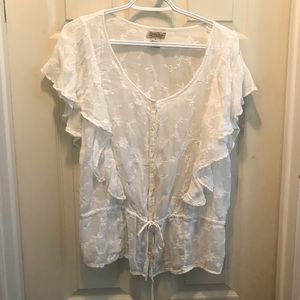 Lucky brand white sheer button up blouse embroidered flowers medium